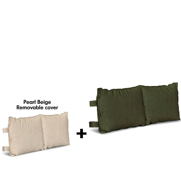 Pearl Beige and green ribbed pillows with a plus sign between them on a white background.