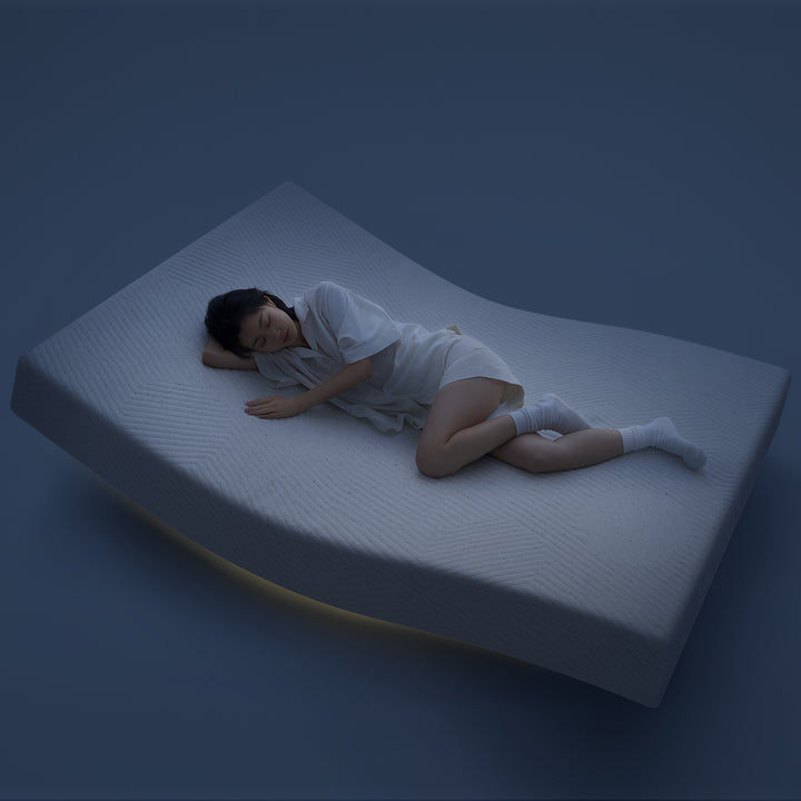 Minimalist metal electric adjustable bed frame with mattress 2in1 set upone in still life.