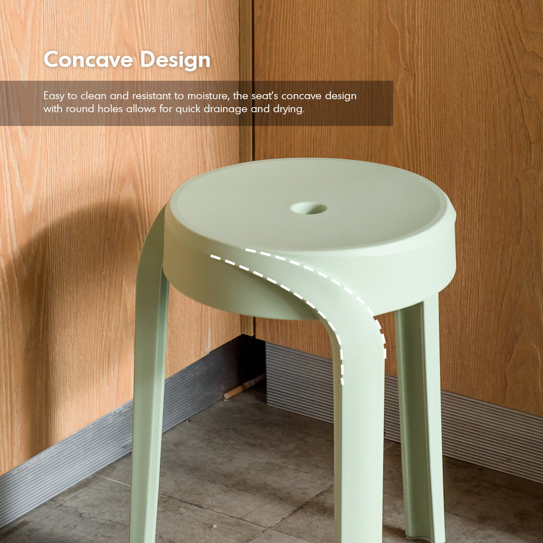 Modern plastic stackable dining stool 4pcs set whirl in close up details.