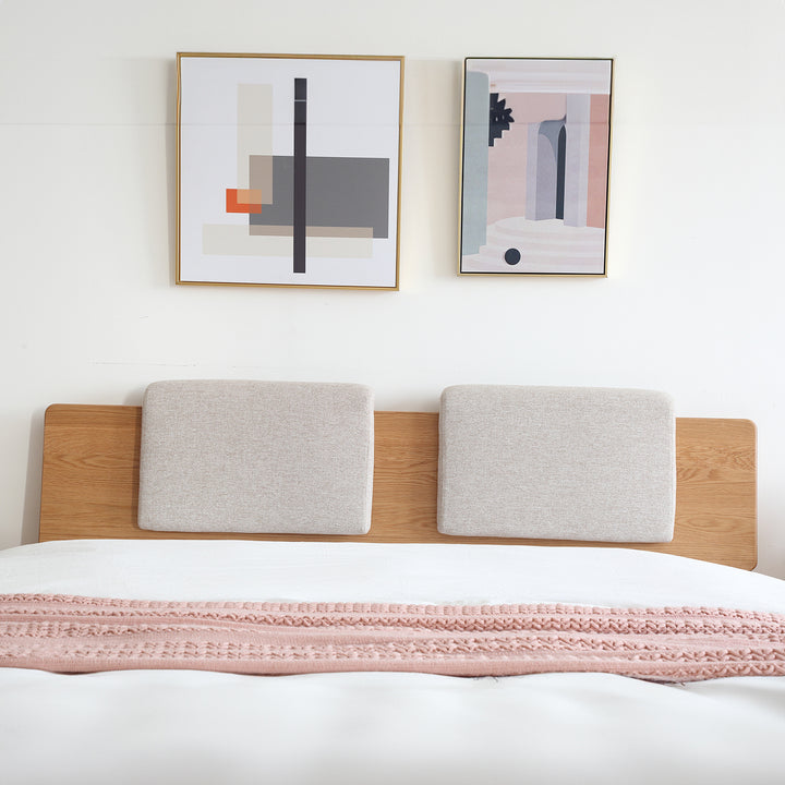 Scandinavian fabric bed panel headboard cushion ease in panoramic view.