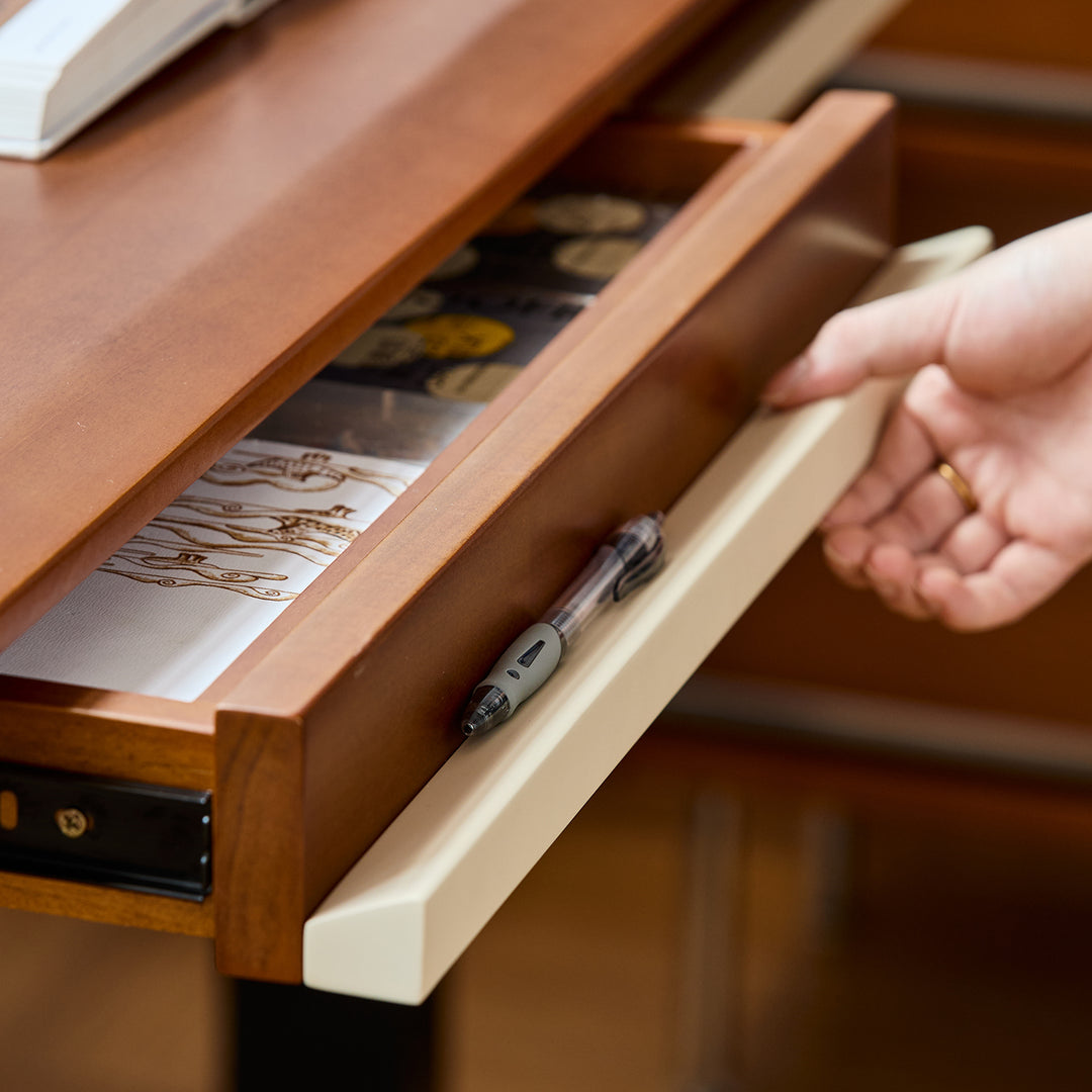 Vintage boxwood electric height adjustable lift-up study table elevate in details.