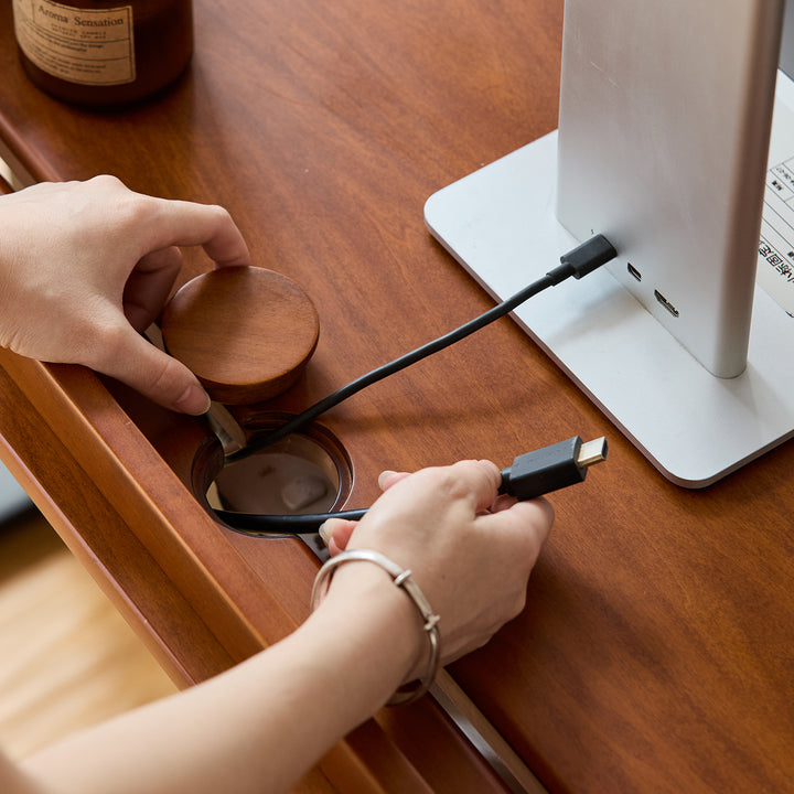 Vintage boxwood electric height adjustable lift-up study table elevate in panoramic view.