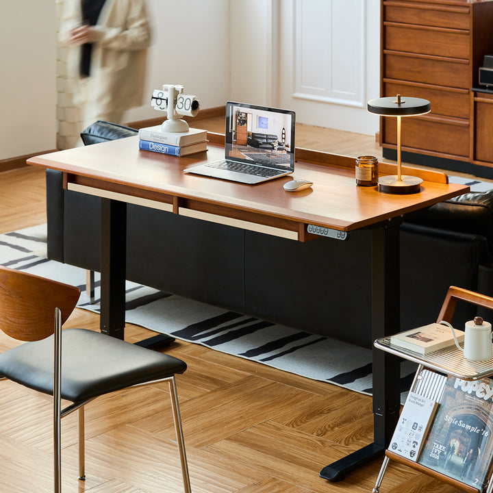Vintage boxwood electric height adjustable lift-up study table elevate in still life.