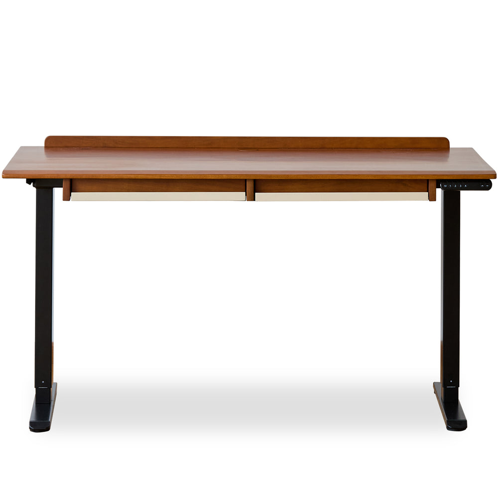 Vintage boxwood electric height adjustable lift-up study table elevate in white background.