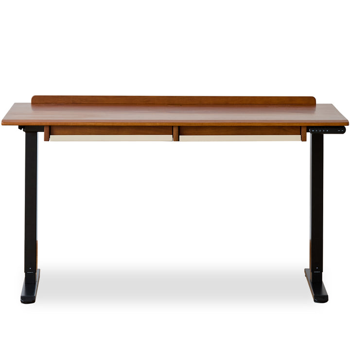 Vintage boxwood electric height adjustable lift-up study table elevate in white background.