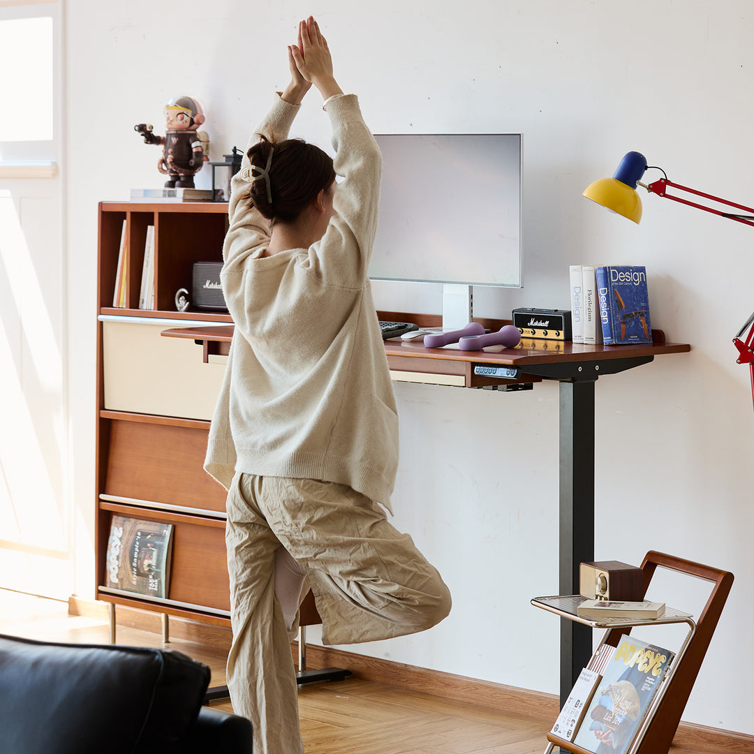 Vintage boxwood electric height adjustable lift-up study table elevate with context.