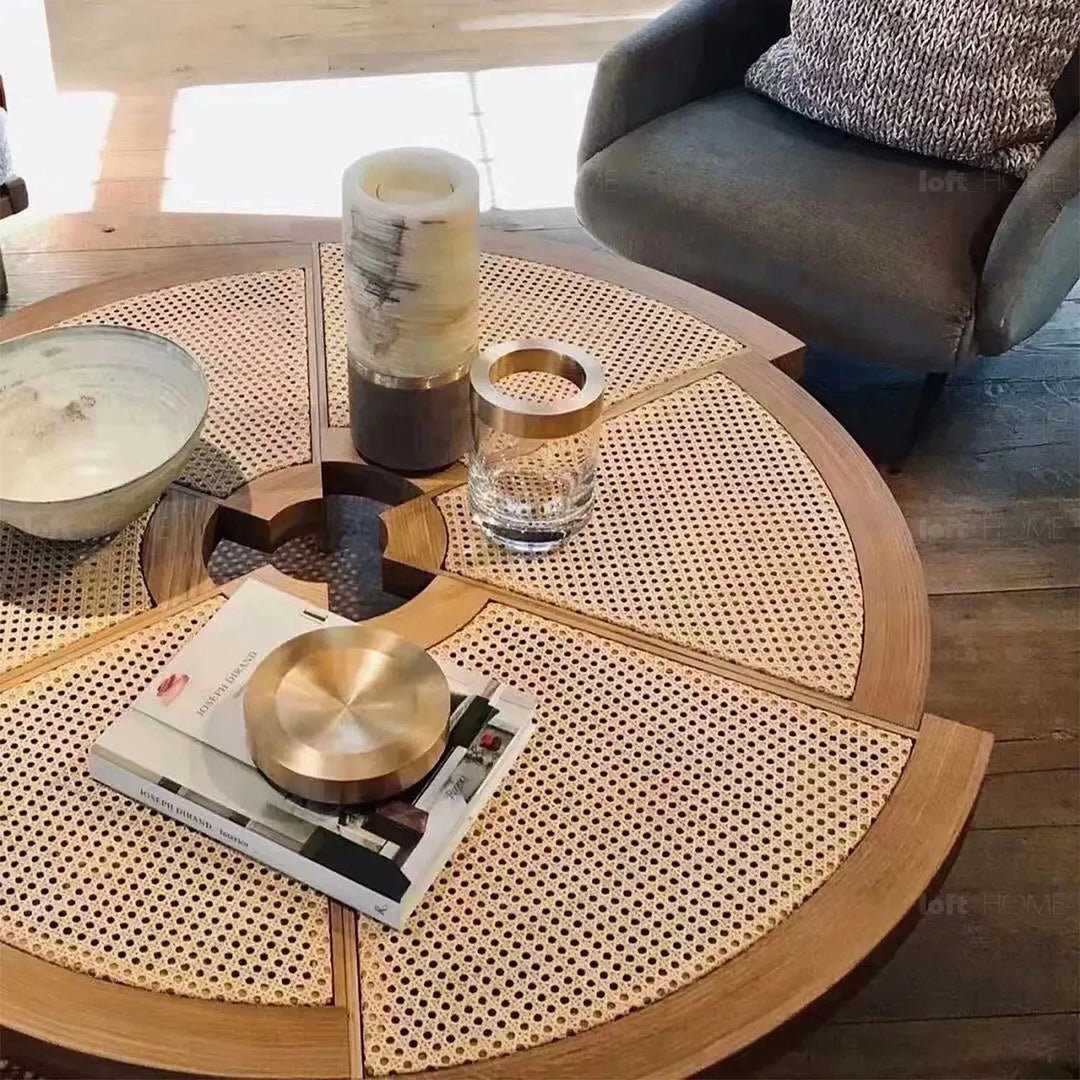 Scandinavian rattan coffee table rio with context.