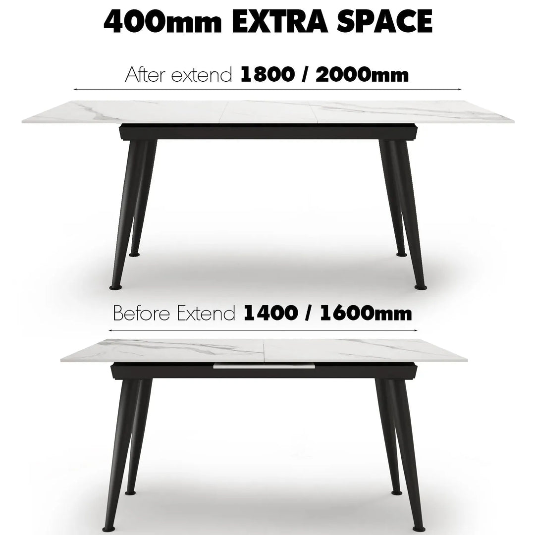 Modern extendable sintered stone dining table nieve color swatches.