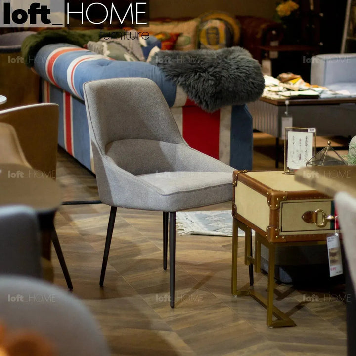 Modern fabric and leather dining chair metal man n14 in panoramic view.