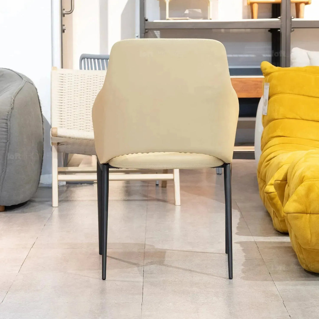 Modern fabric and leather dining chair metal man n17 in close up details.