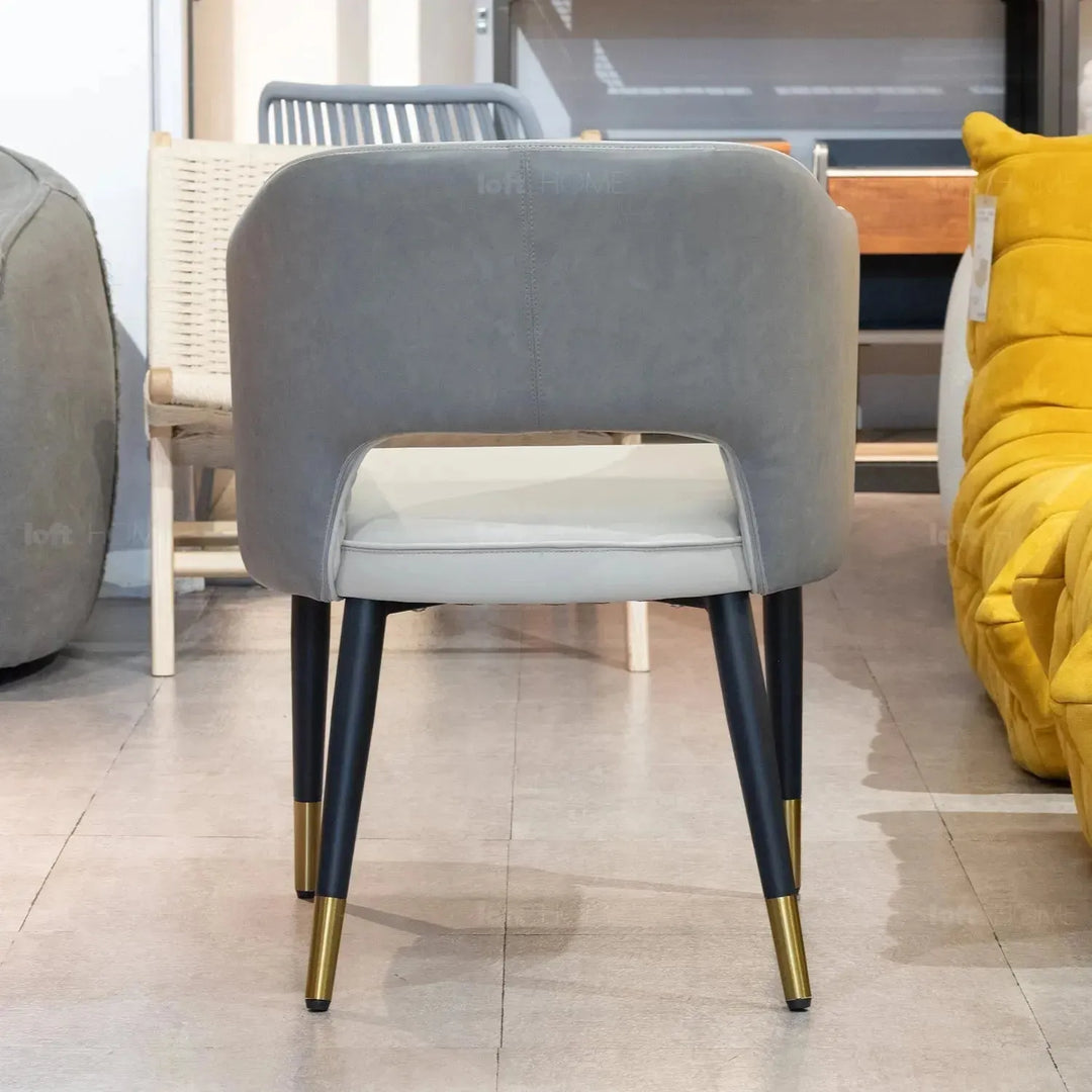 Modern fabric and leather dining chair metal man n18 in close up details.