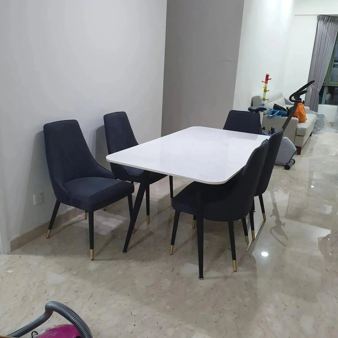 Modern fabric and leather dining chair metal man n7 in panoramic view.