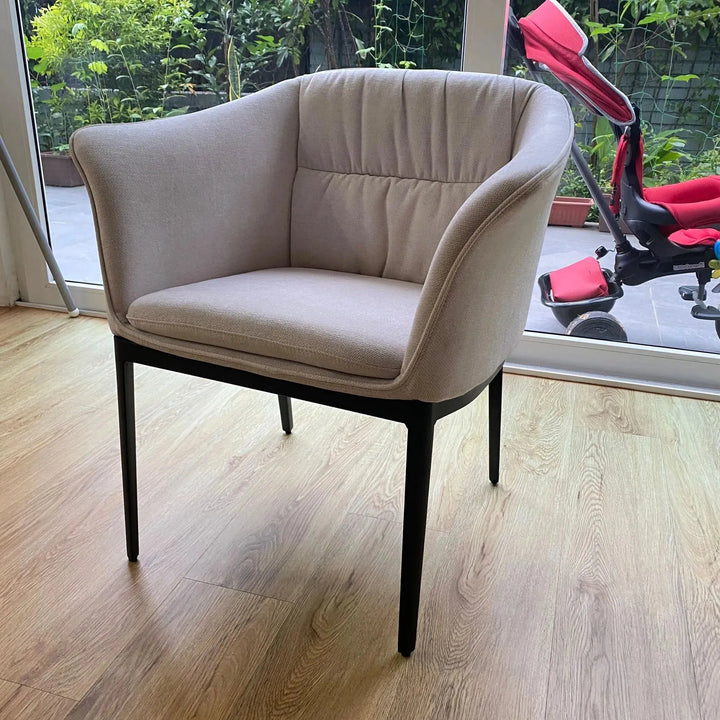 Modern fabric and leather dining chair metal man n8 in real life style.