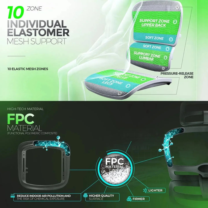 Modern mesh ergonomic office chair black frame with legrest ergohuman e2 in panoramic view.