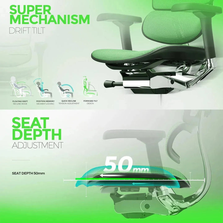 Modern mesh ergonomic office chair black frame with legrest ergohuman e2 in close up details.