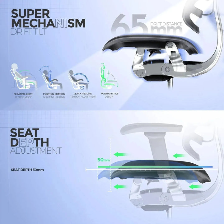 Modern mesh ergonomic office chair grey frame ergohuman e2 in close up details.