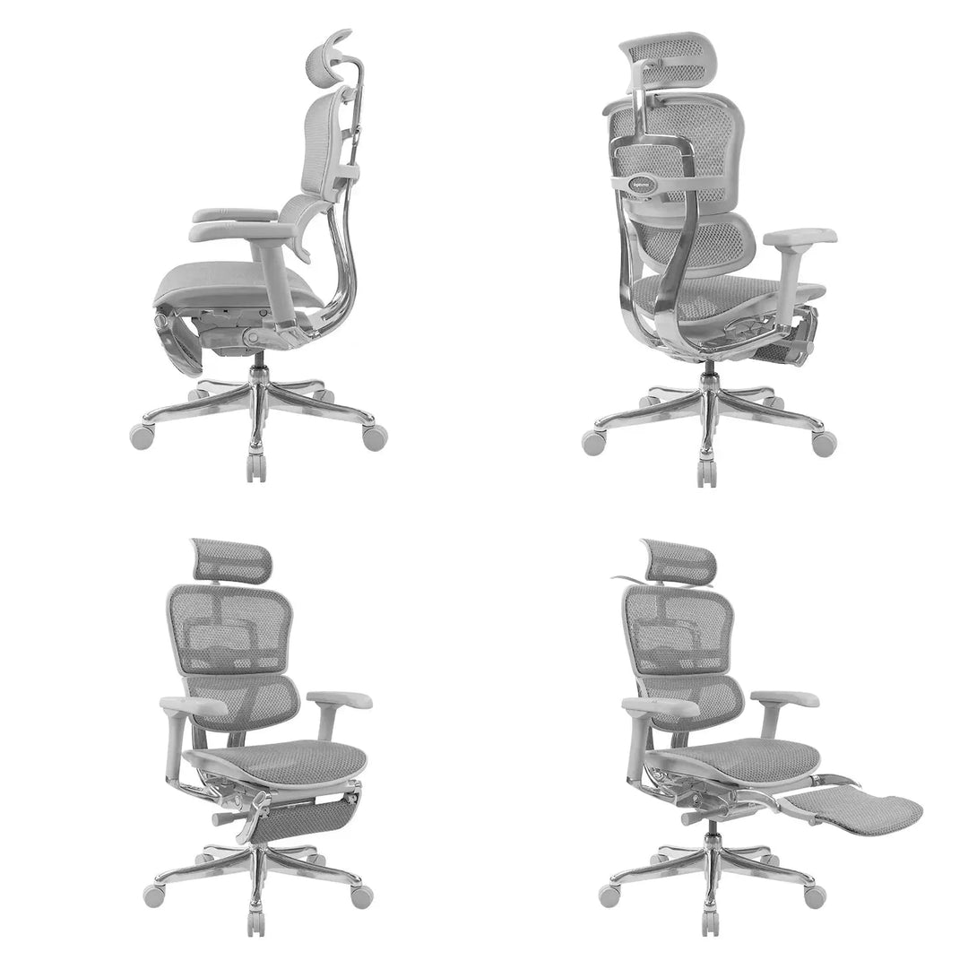 Modern mesh  ergonomic office chair grey frame with legrest ergohuman e2 in still life.