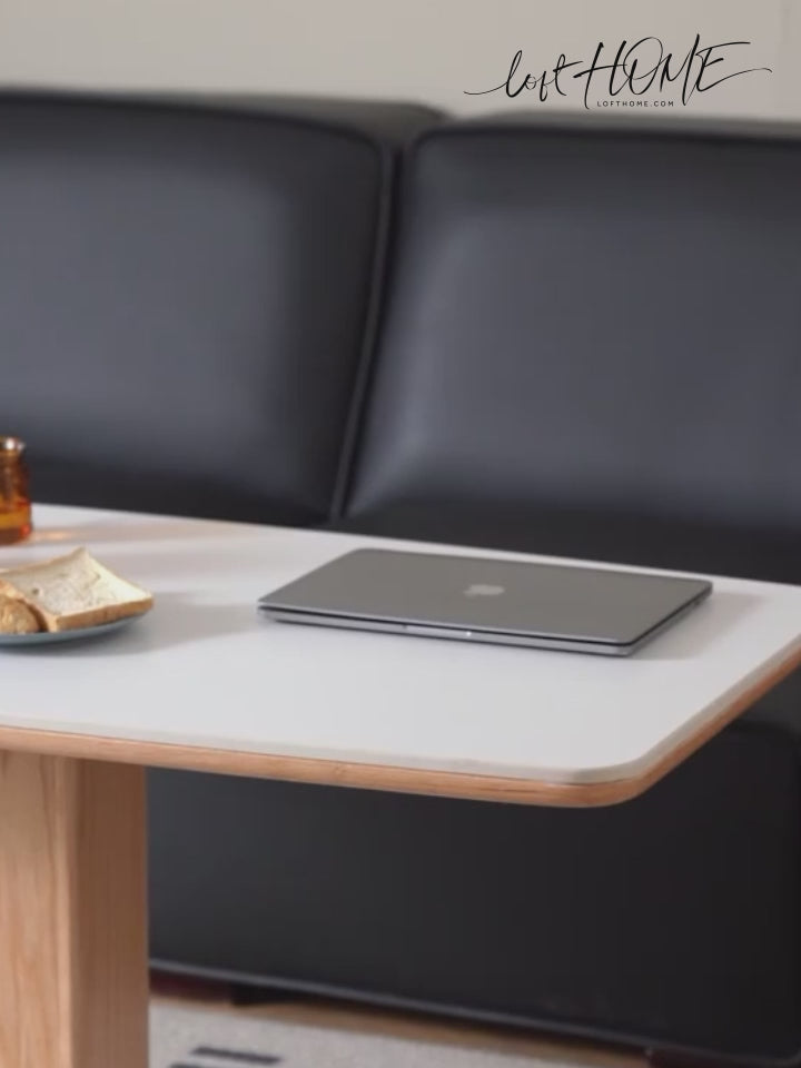 Minimalist oak wood sintered stone height adjustable coffee table lino detail 10.