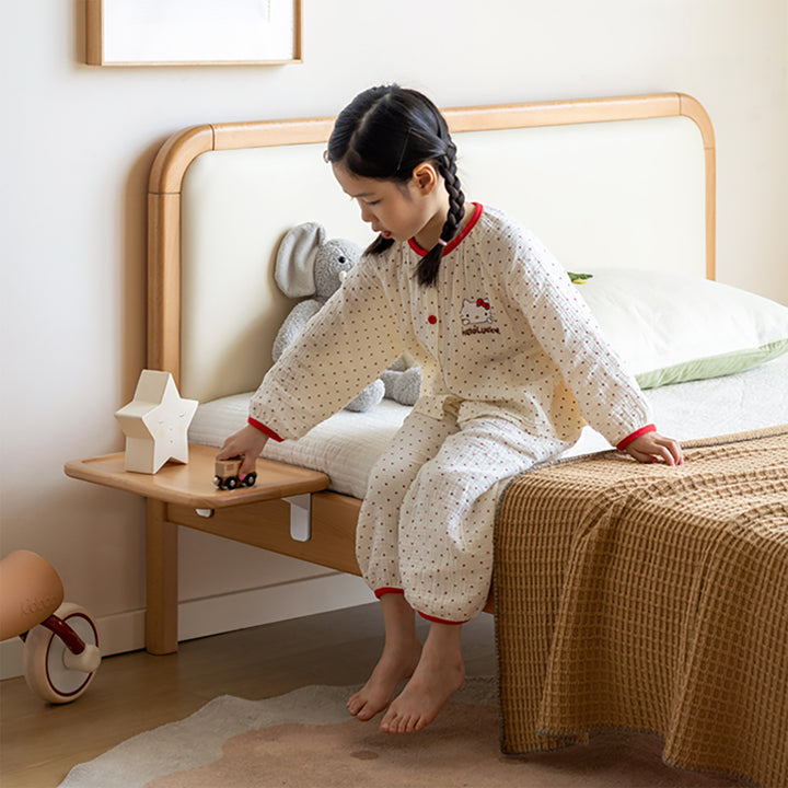 Scandinavian beech wood bedside floating shelf pleni with context.