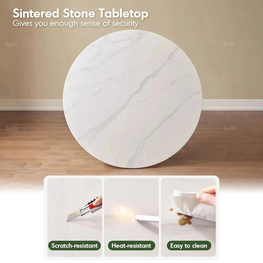 Scandinavian sintered stone round dining table belly material variants.