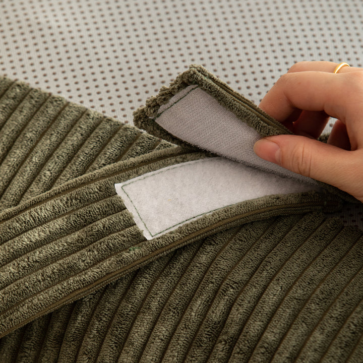 Universal corduroy velvet fabric bed head cushion in panoramic view.