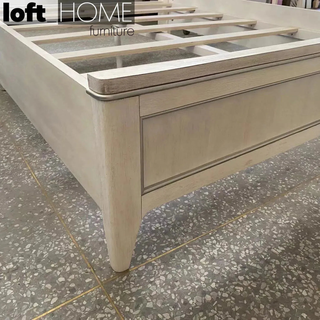 Vintage wood bed frame lilly american king in panoramic view.