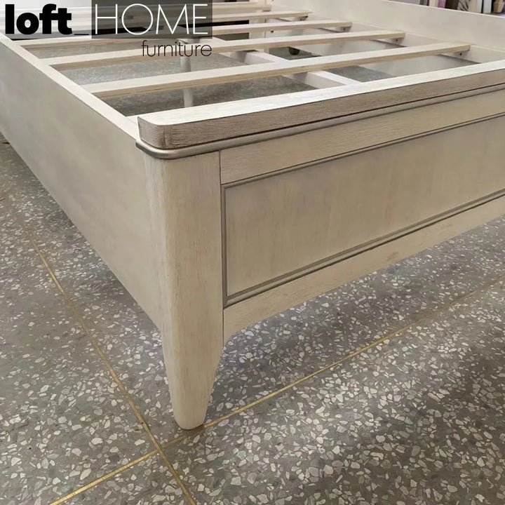 Vintage wood bed frame lilly american king in panoramic view.